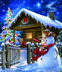 Thumbnail for Diamond Painting Kersthuis met sneeuwpop met Ronde steentjes 100x100 - Beste Kwaliteit