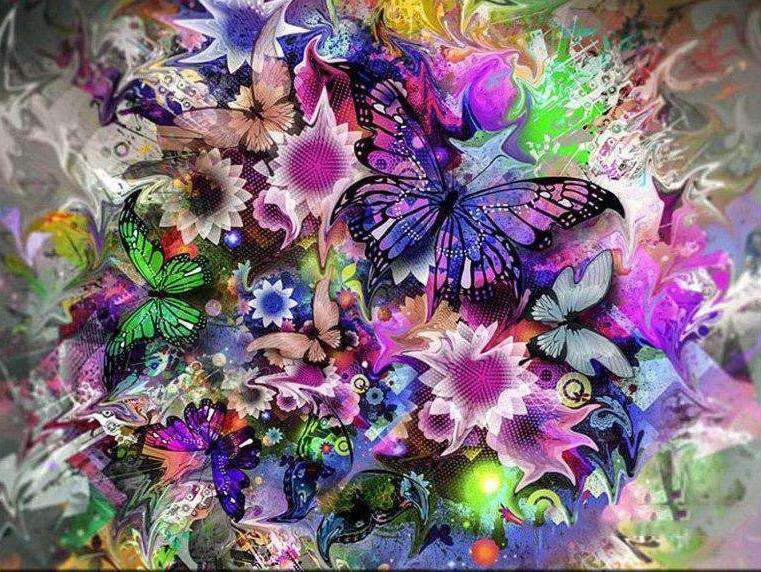 Diamond Painting Allerlei kleuren vlinders op gekleurde bloemen met Ronde steentjes 80x100cm - Beste Kwaliteit
