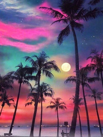 Diamond Painting Palmbomen bij zonsondergang met Ronde steentjes 80x100cm - Beste Kwaliteit