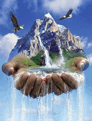 Diamond Painting Waterval In Hand met Ronde steentjes 70x100cm - Beste Kwaliteit