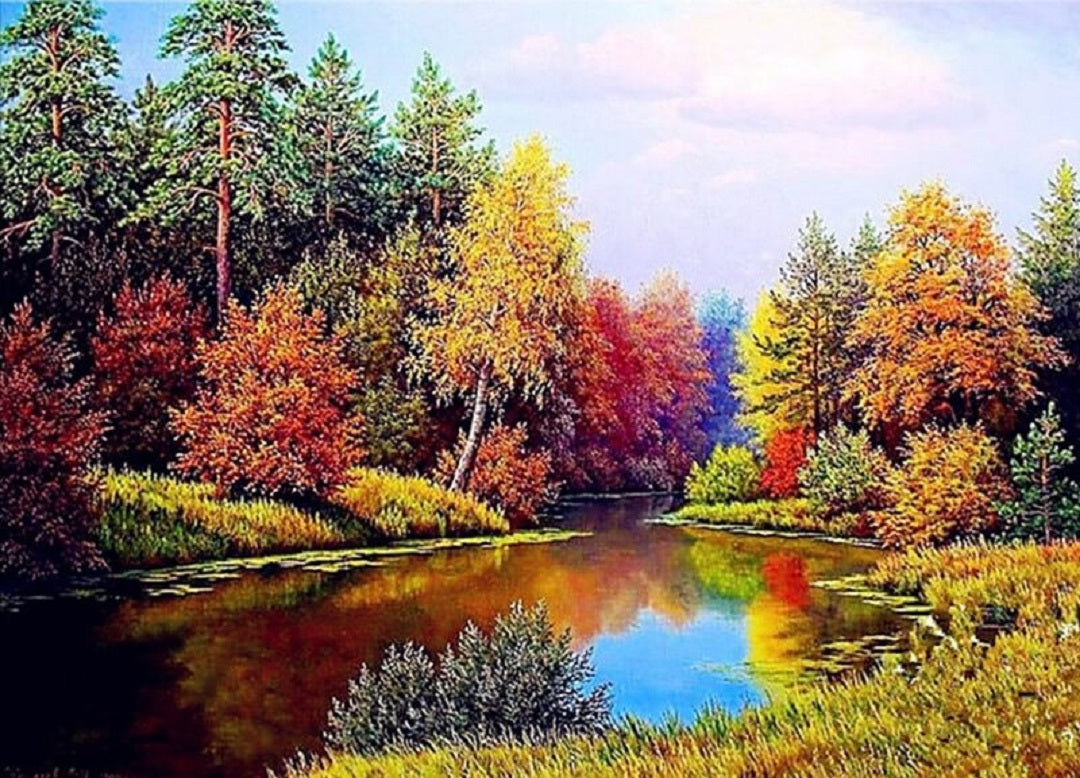 Rivier in het bos diamond painting ontwerp
