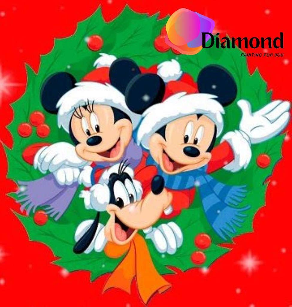 Diamond Painting Mickey Minnie en Goofy in een kerstkrans met Ronde steentjes 100x100 - Beste Kwaliteit