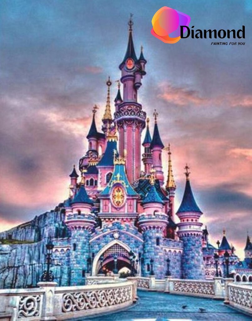 Diamond Painting Disneyland Kastelen voorkant met Ronde steentjes 100x100 - Beste Kwaliteit