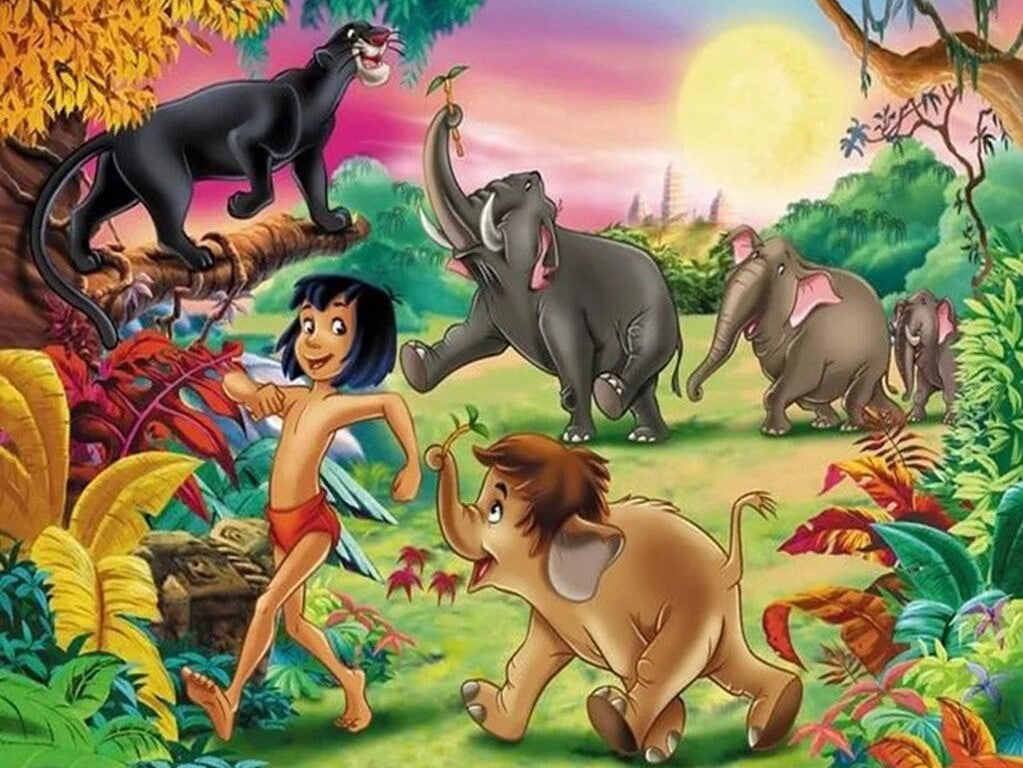 Diamond Painting Junglebook met Olifanten met Ronde steentjes 80x100cm - Beste Kwaliteit