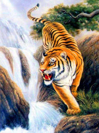 Thumbnail for Diamond Painting Tijger op jacht bij waterval met Ronde steentjes 80x100cm - Beste Kwaliteit