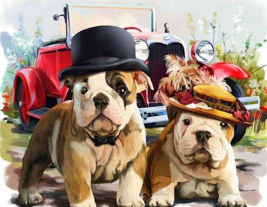 Diamond Painting Twee bulldogs bij een rode auto met Ronde steentjes 80x100cm - Beste Kwaliteit