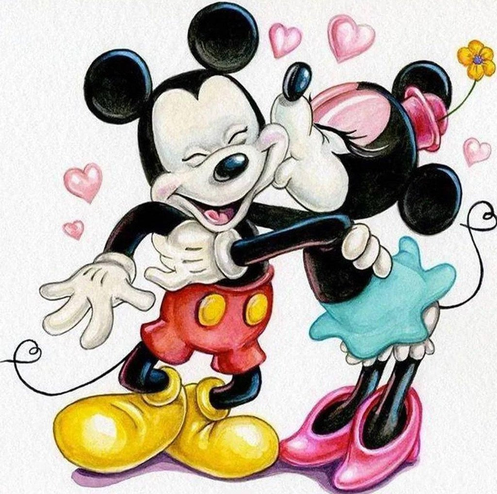 Diamond Painting Mickey en Minnie verliefd met Ronde steentjes 100x100 - Beste Kwaliteit