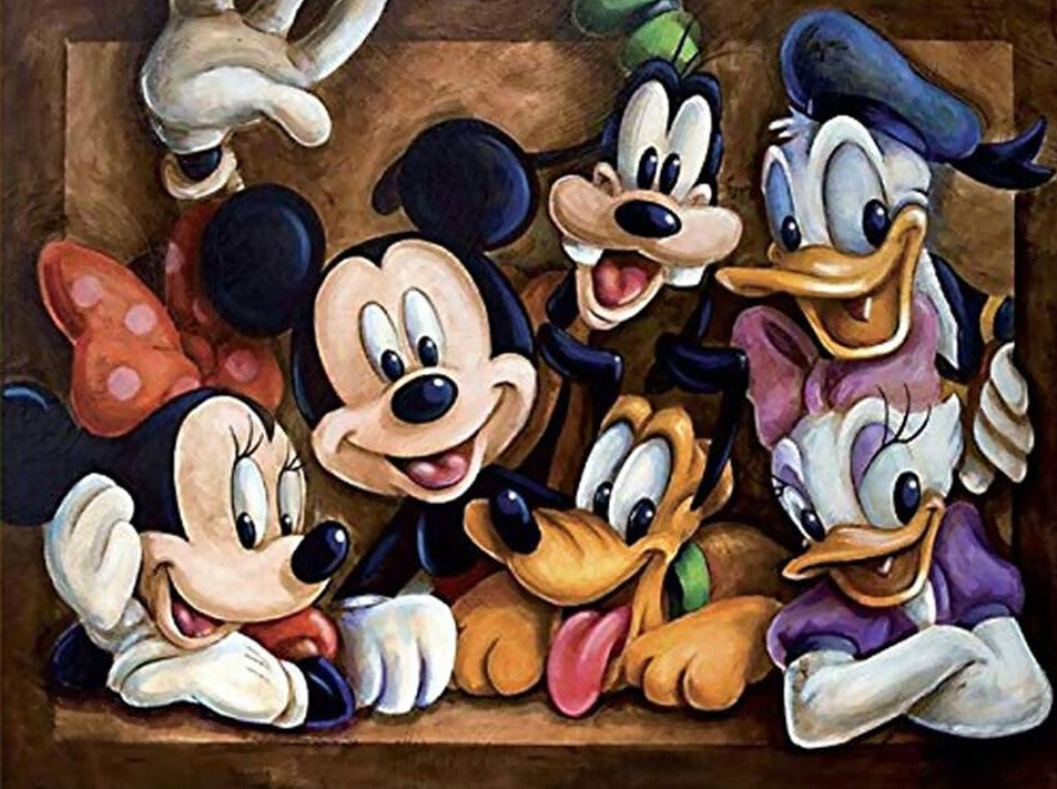 Diamond Painting Mickey Mousee & Vrienden op hout met Ronde steentjes 80x100cm - Beste Kwaliteit