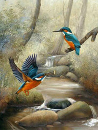 Thumbnail for Diamond Painting Twee ijsvogels bij een beekje met Ronde steentjes 80x100cm - Beste Kwaliteit