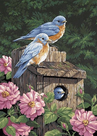 Thumbnail for Diamond Painting Drie blauwe vogels bij een vogelhuisje met Ronde steentjes 70x100cm - Beste Kwaliteit