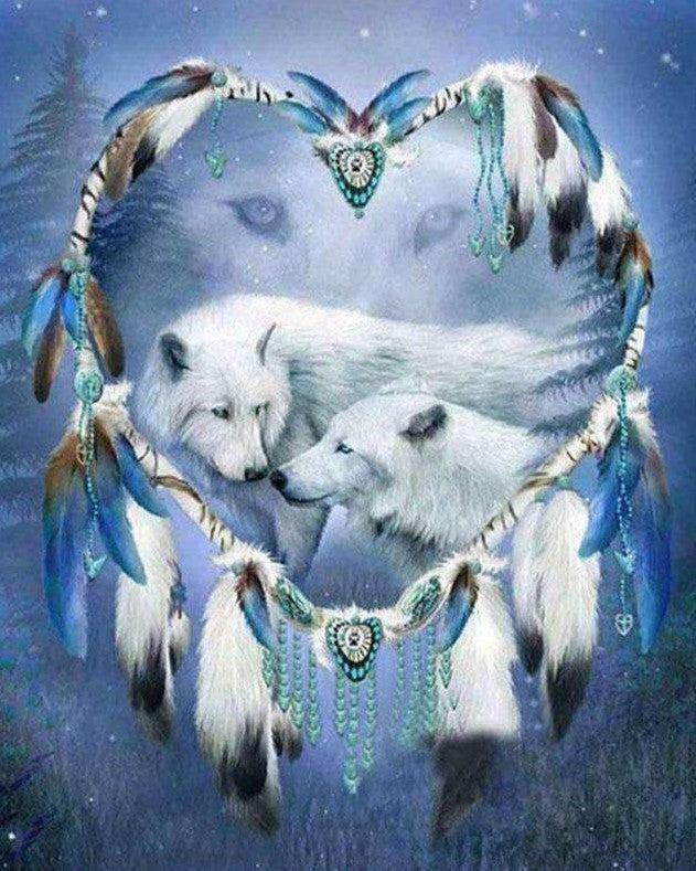 Diamond Painting Witte wolven in een hart van veren met Ronde steentjes 100x80cm - Beste Kwaliteit
