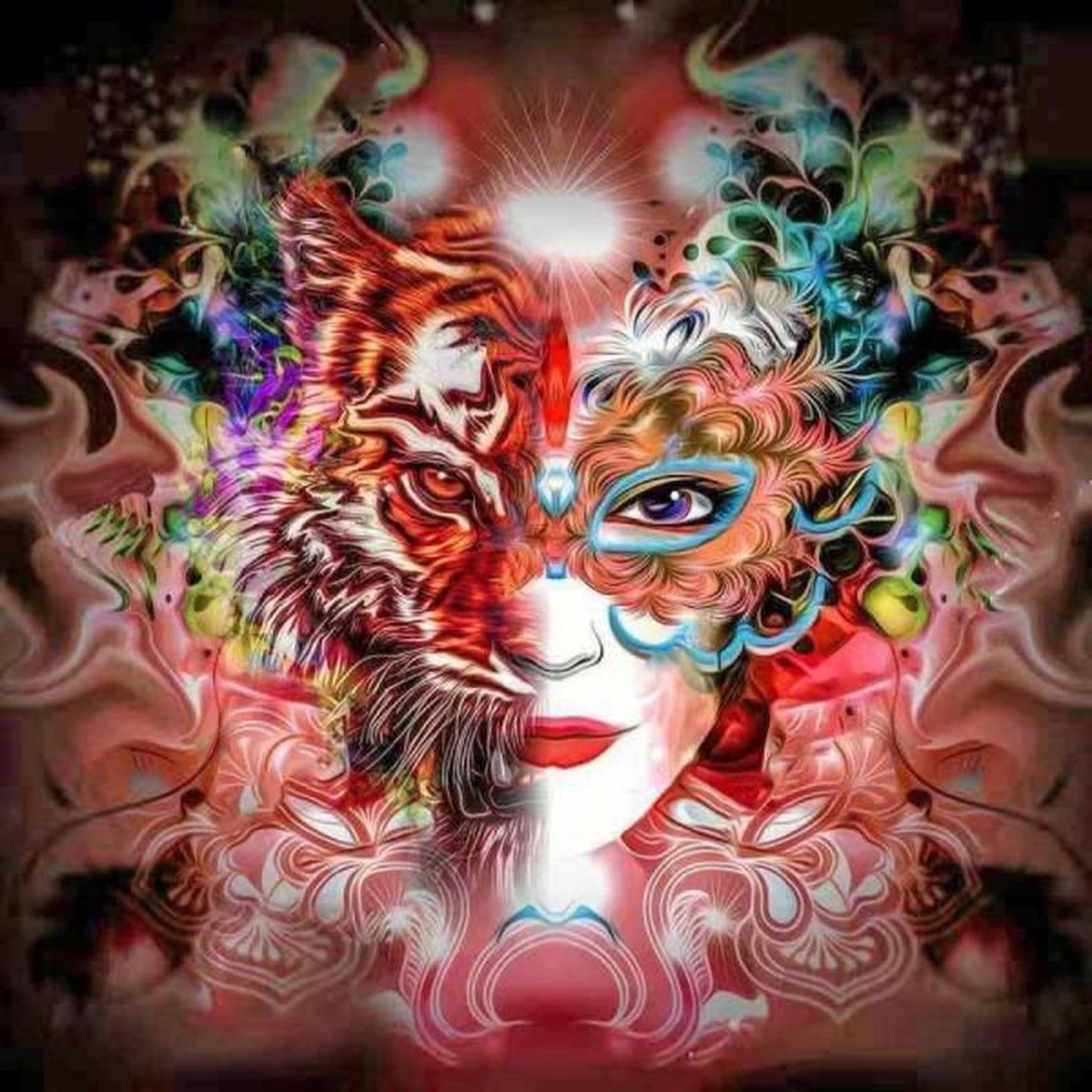 Vrouw tijger en veren gezicht diamond painting ontwerp