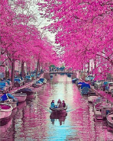 Diamond Painting Amsterdamse Gracht roze met Ronde steentjes 100x80cm - Beste Kwaliteit