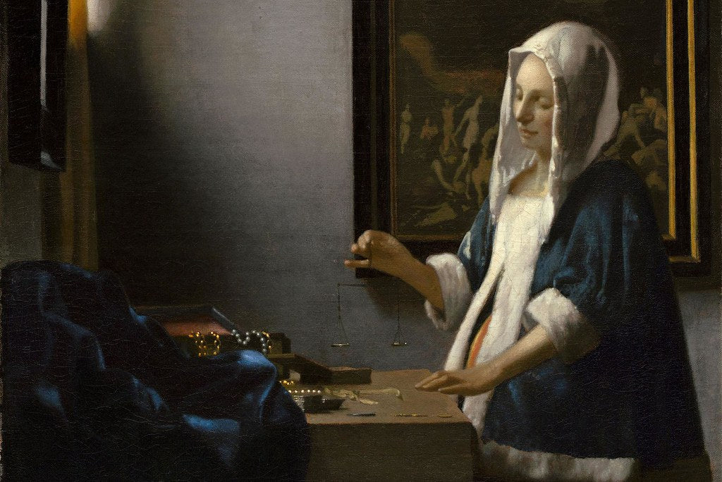 Diamond Painting Vermeer Weegschaal met Ronde steentjes 100x70cm - Beste Kwaliteit