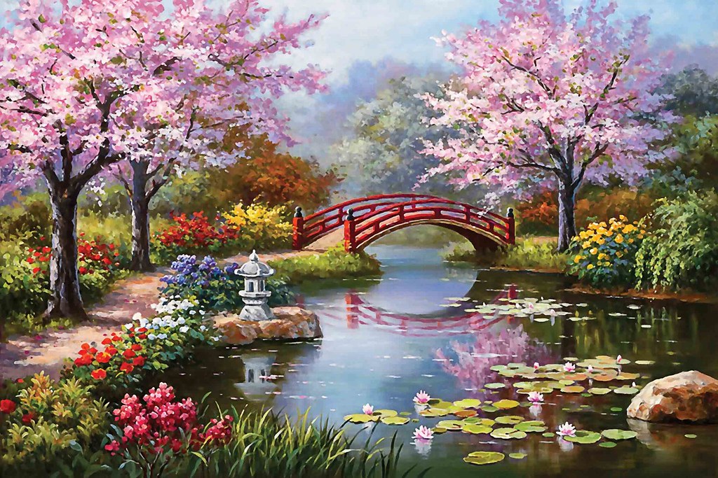 Diamond Painting Park Meertje Met Rode Brug met Ronde steentjes 100x70cm - Beste Kwaliteit