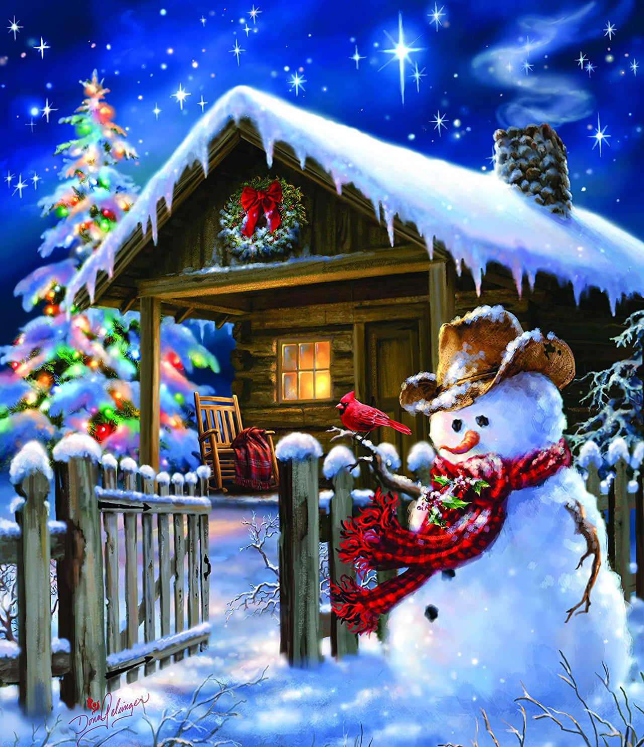 Kersthuis met sneeuwpop diamond painting ontwerp