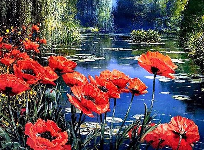 Meer met Rode Bloemen diamond painting ontwerp