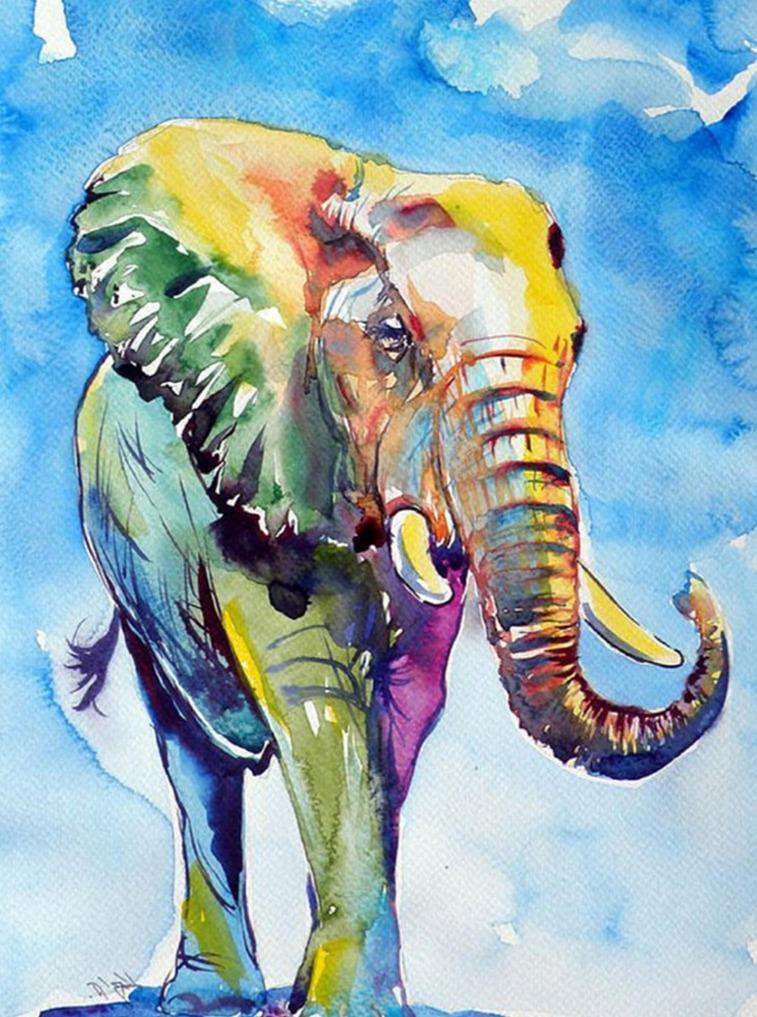 Diamond Painting Kleurrijke Olifant Blauwe Lucht met Ronde steentjes 100x80cm - Beste Kwaliteit