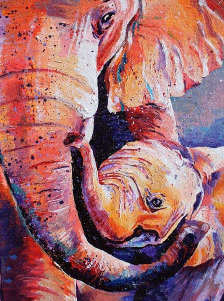 Mama Olifant met Kleintje Kleurrijk diamond painting ontwerp