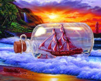 Thumbnail for Diamond Painting Schip in een glazen fles spoelt aan met Ronde steentjes 100x80cm - Beste Kwaliteit