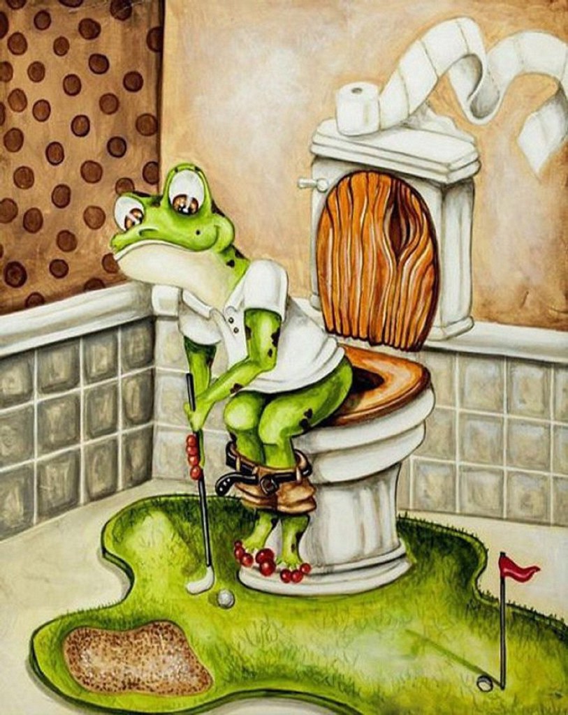 Diamond Painting Kikker Op Toilet speelt golf met Ronde steentjes 100x80cm - Beste Kwaliteit