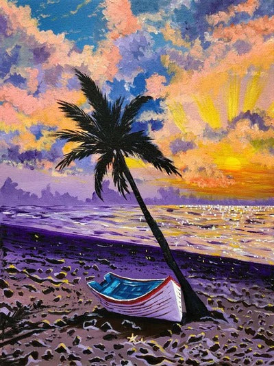 Diamond Painting Palmboom op het strand met bootje met Ronde steentjes 80x100cm - Beste Kwaliteit