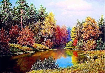 Diamond Painting Meer in het bos herfstkleuren met Ronde steentjes 80x100cm - Beste Kwaliteit