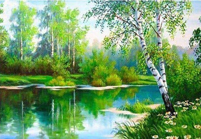 Diamond Painting Rivier door het groene bos met Ronde steentjes 100x70cm - Beste Kwaliteit