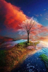 Thumbnail for Herfst boom blauw oranje lucht diamond painting ontwerp