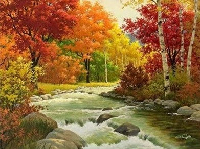 Diamond Painting Herfst bij rivier met Ronde steentjes 80x100cm - Beste Kwaliteit