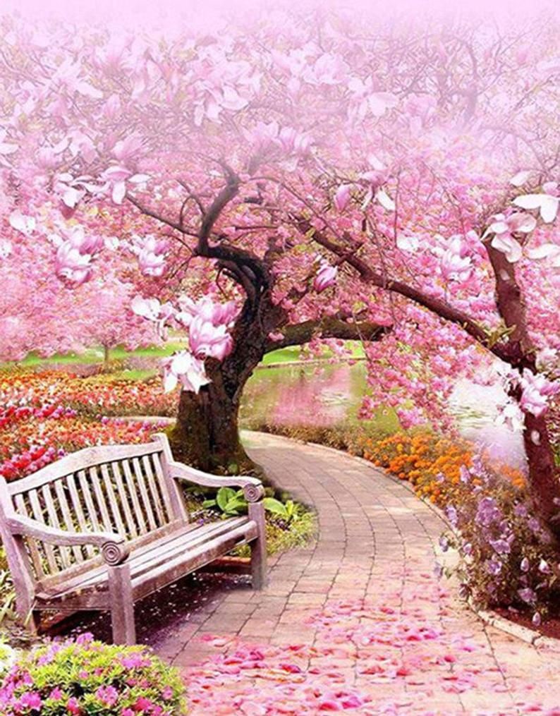 Diamond Painting Blossom Park Roze met Ronde steentjes 80x100cm - Beste Kwaliteit
