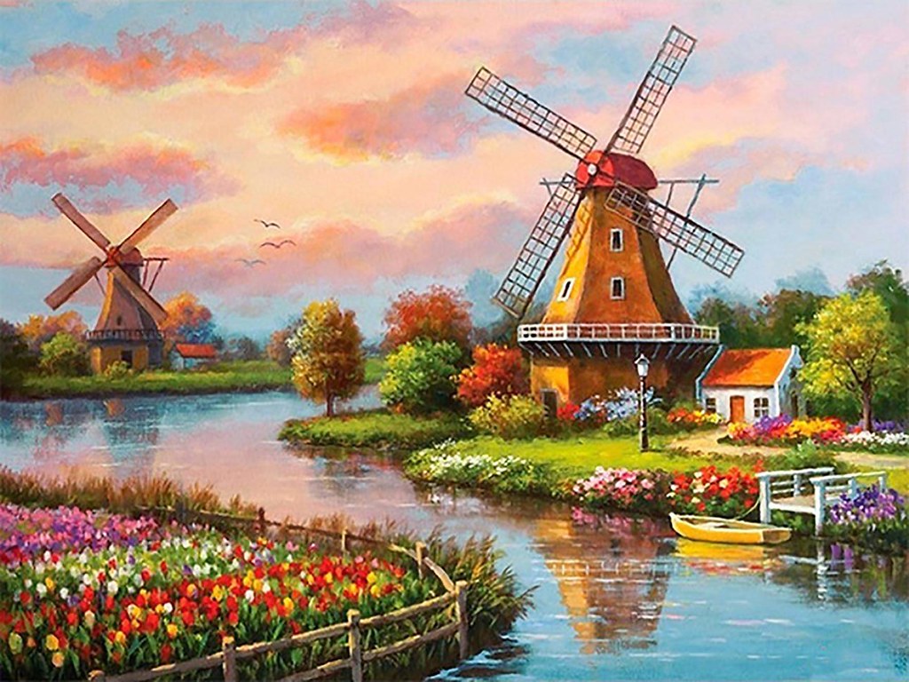 Diamond Painting Zaanse Schans Nederland Molens met Ronde steentjes 80x100cm - Beste Kwaliteit