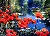 Thumbnail for Diamond Painting Meer met Rode Bloemen met Ronde steentjes 80x100cm - Beste Kwaliteit