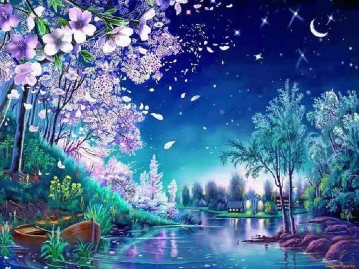 Meer met bloesem en een bootje diamond painting ontwerp
