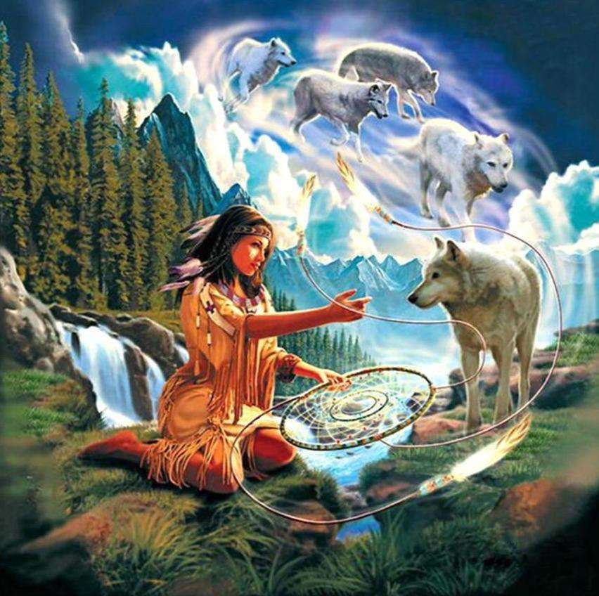Indiaan met dromenvanger en wolven diamond painting ontwerp