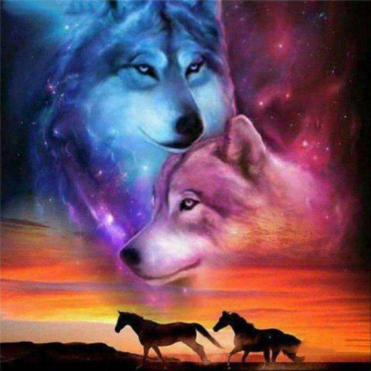 Wolven en paarden diamond painting ontwerp