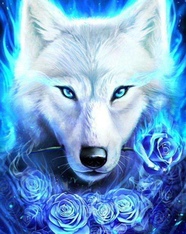 Blauw vuurijzige wolf diamond painting ontwerp