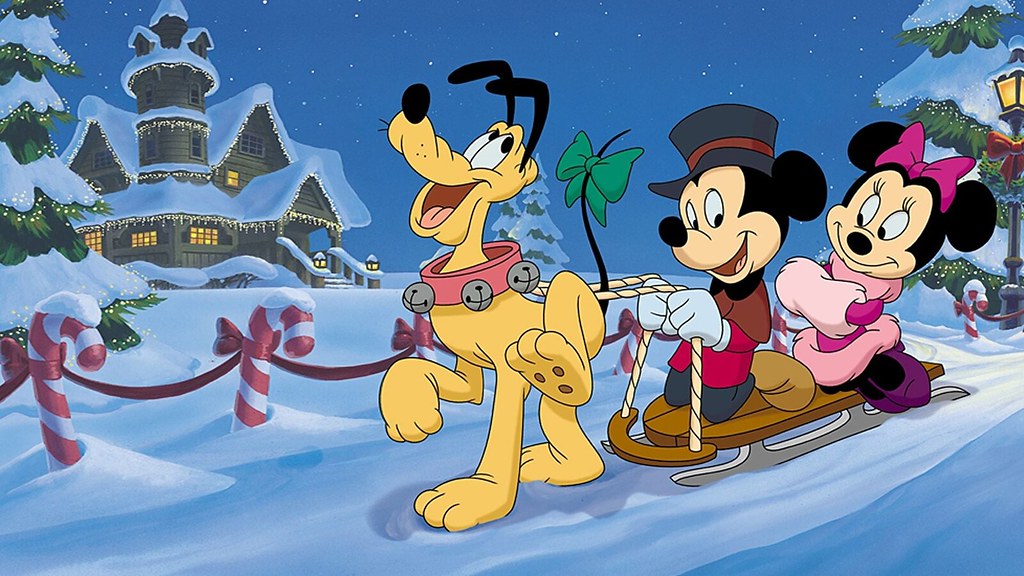 Diamond Painting Mickey en Minnie Pluto kerstslee met Ronde steentjes 100x55cm - Beste Kwaliteit