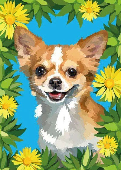 Diamond Painting Hondje Met Bloemen met Ronde steentjes 70x100cm - Beste Kwaliteit