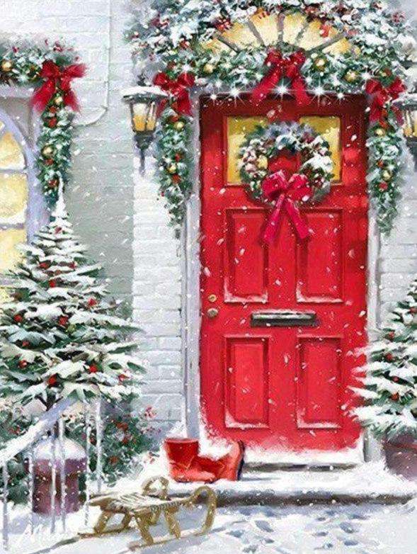 Diamond Painting Rode deur met kerst met Ronde steentjes 80x100cm - Beste Kwaliteit