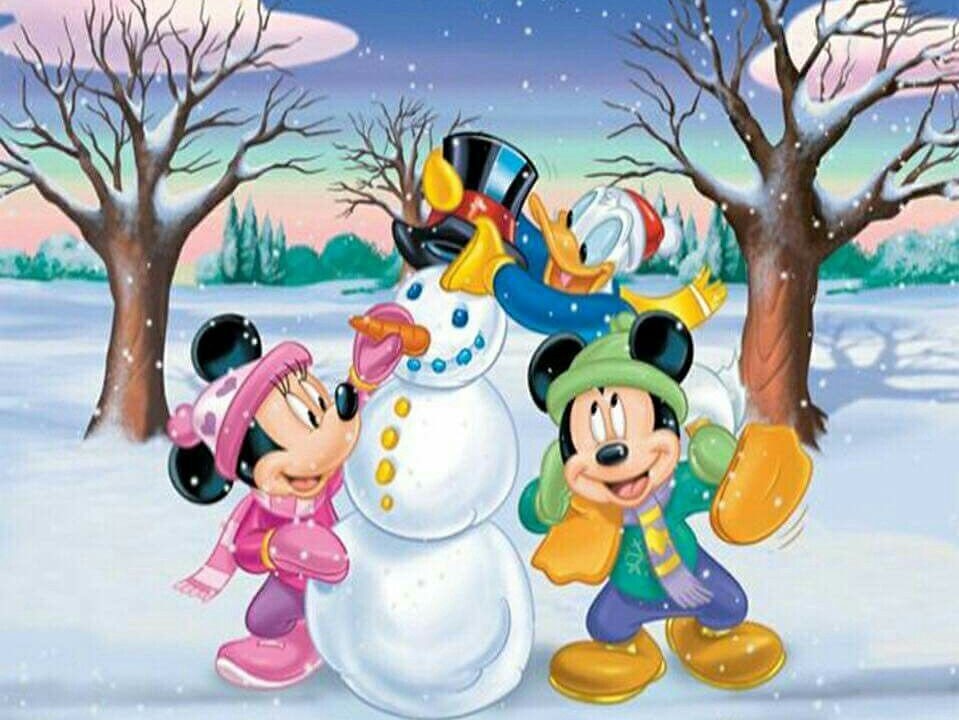 Diamond Painting Mickey Donald en Minnie Sneeuwpop met Ronde steentjes 80x100cm - Beste Kwaliteit