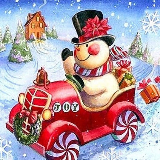 Diamond Painting Sneeuwpop in een kerstversierde auto met Ronde steentjes 100x100 - Beste Kwaliteit