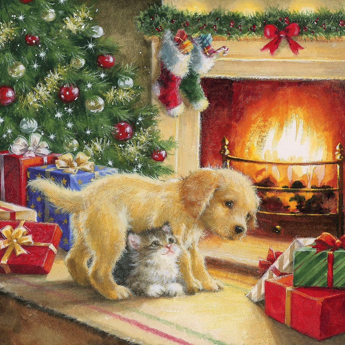 Hond Kat bij open haard diamond painting ontwerp