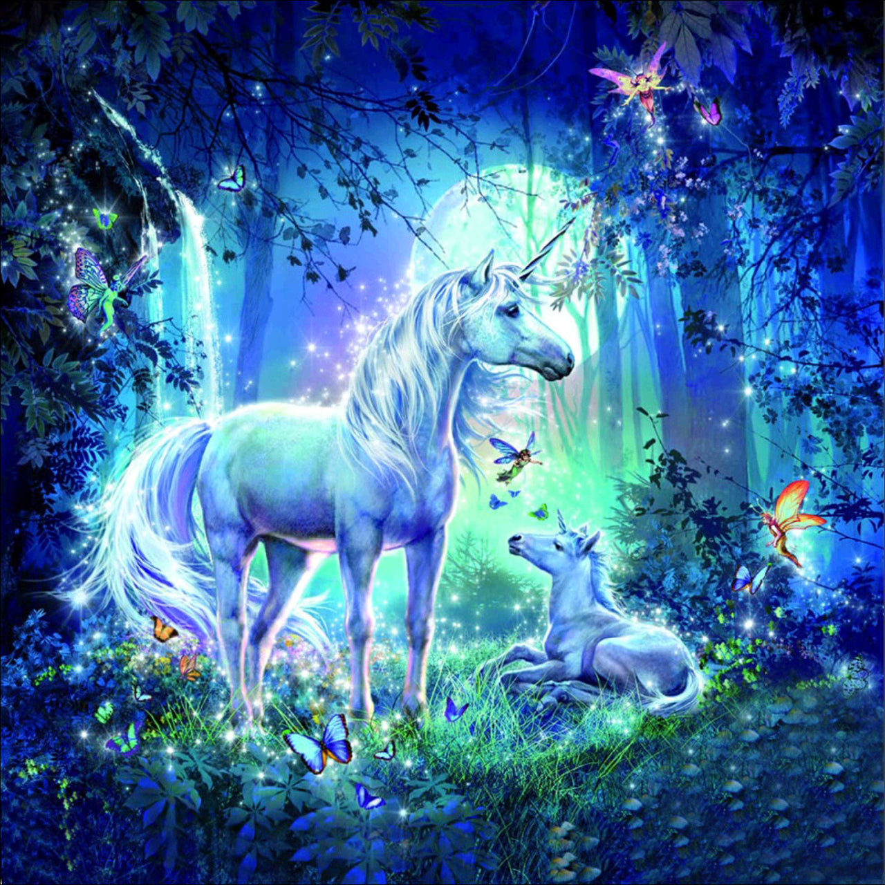 Eenhoorns bij maanlicht in een bos diamond painting ontwerp