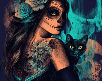 Doodshoofd vrouw met zwarte kat diamond painting ontwerp