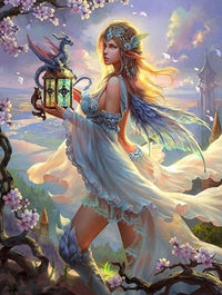 Thumbnail for Elfje met draak op lamp diamond painting ontwerp