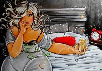 Diamond Painting Dikke Dames op bed met Ronde steentjes 100x70cm - Beste Kwaliteit