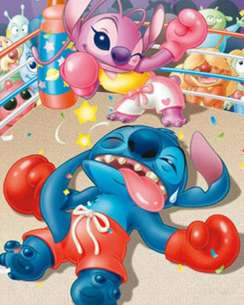 Diamond Painting Lilo en Stitch KO in de boksring met Ronde steentjes 100x80cm - Beste Kwaliteit