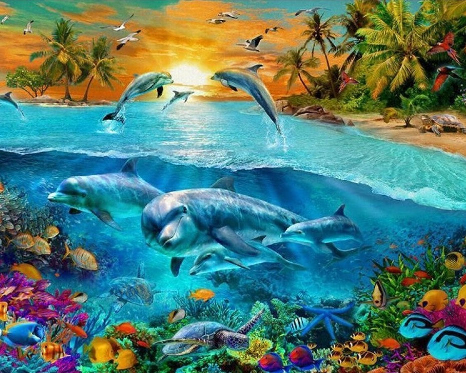 Diamond Painting Zeedieren met Ronde steentjes 100x80cm - Beste Kwaliteit