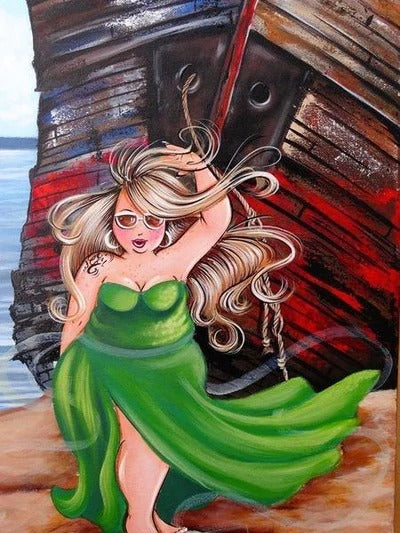 Diamond Painting Dikke Dame bij de boot met Ronde steentjes 100x100 - Beste Kwaliteit